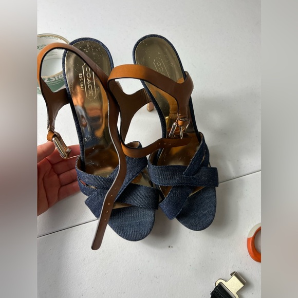 COACH DANI High Heels, Platform Open-Toe, Denim & Leather 9B - Picture 2 of 15